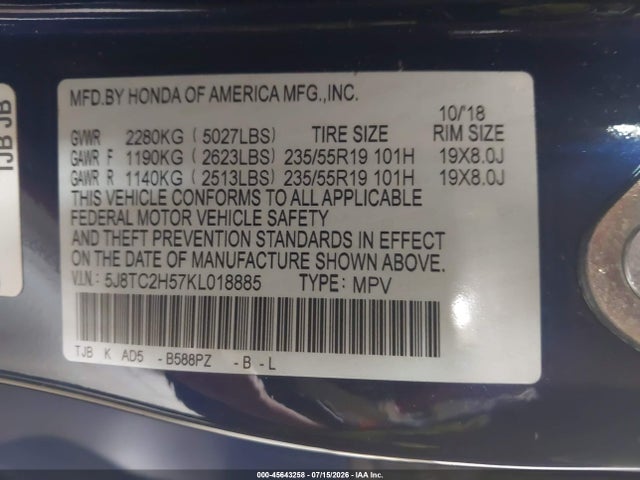 45643258 :رقم المزاد ، 5J8TC2H57KL018885 vin ، 2019 Acura Rdx Technology Package مزاد بيع