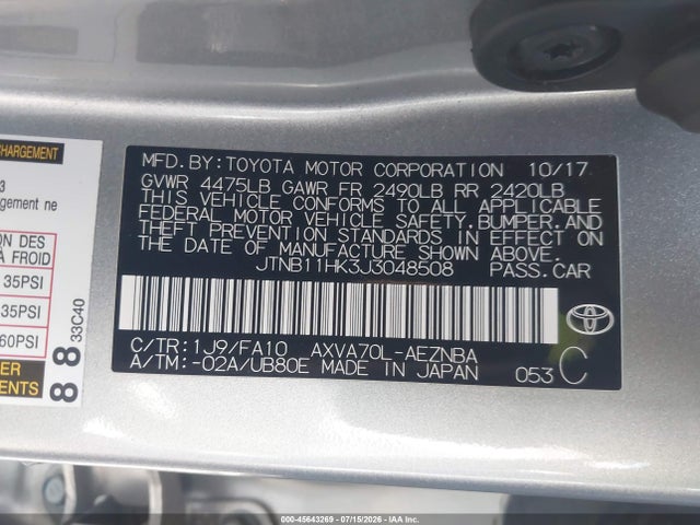 JTNB11HK3J3048508 Toyota CAMRY LE