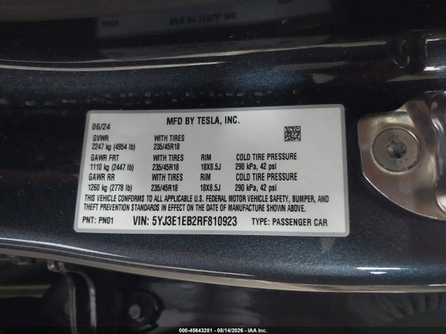 45643281 :رقم المزاد ، 5YJ3E1EB2RF810923 vin ، 2024 Tesla Model 3 Long Range Dual Motor All-wheel Drive مزاد بيع