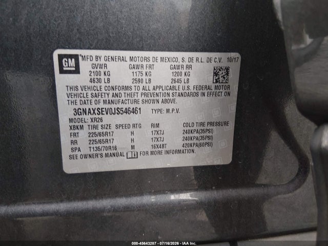 Продаж на аукціоні авто 2018 Chevrolet Equinox Lt, vin: 3GNAXSEV0JS546461, номер лоту: 45643287