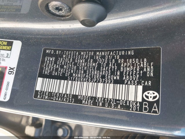 Продажа на аукционе авто 2018 Toyota Corolla L, vin: 5YFBURHE6JP797993, номер лота: 45643289