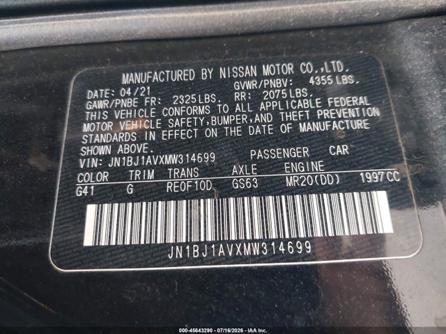 2021 Nissan Rogue Sport S Fwd Xtronic Cvt მანქანა იყიდება აუქციონზე, vin: JN1BJ1AVXMW314699, აუქციონის ნომერი: 45643290