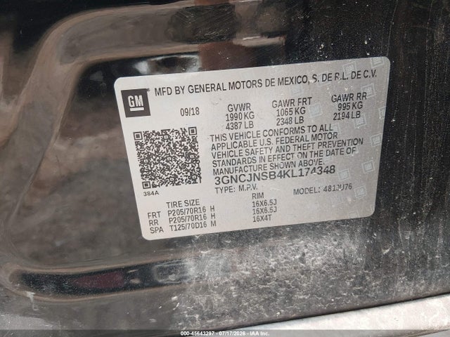 Aukcja sprzedaży 2019 Chevrolet Trax Ls, vin: 3GNCJNSB4KL174348, numer aukcji: 45643297