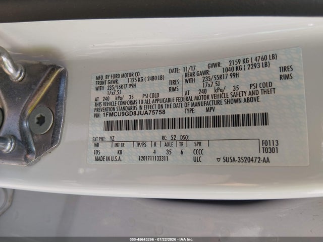1FMCU9GD8JUA75758 Ford ESCAPE SE