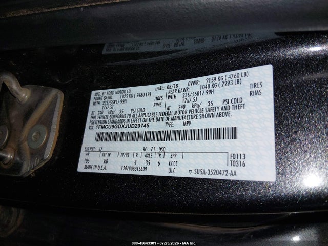 Ford ESCAPE SE 2018 1FMCU9GDXJUD29745 Image 9