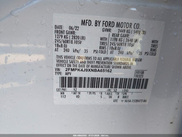 2FMPK4J9XNBA65162 Ford EDGE SEL