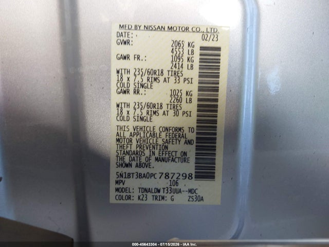 5N1BT3BA0PC787298 Nissan Rogue Sv Fwd