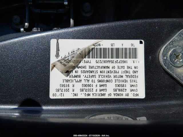 45643324 :رقم المزاد ، 1HGCP2F35AA067275 vin ، 2010 Honda Accord 2.4 Lx مزاد بيع