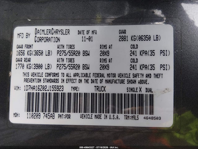 2002 Dodge Ram 1500 St მანქანა იყიდება აუქციონზე, vin: 1D7HA16Z02J155923, აუქციონის ნომერი: 45643327