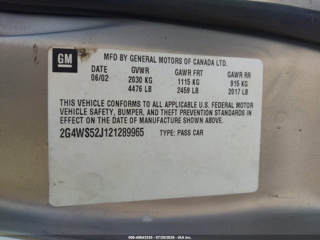 Aukcja sprzedaży 2002 Buick Century Custom, vin: 2G4WS52J121289965, numer aukcji: 45643330