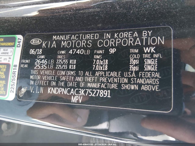 2019 Kia Sportage Ex მანქანა იყიდება აუქციონზე, vin: KNDPNCAC3K7527891, აუქციონის ნომერი: 45643338