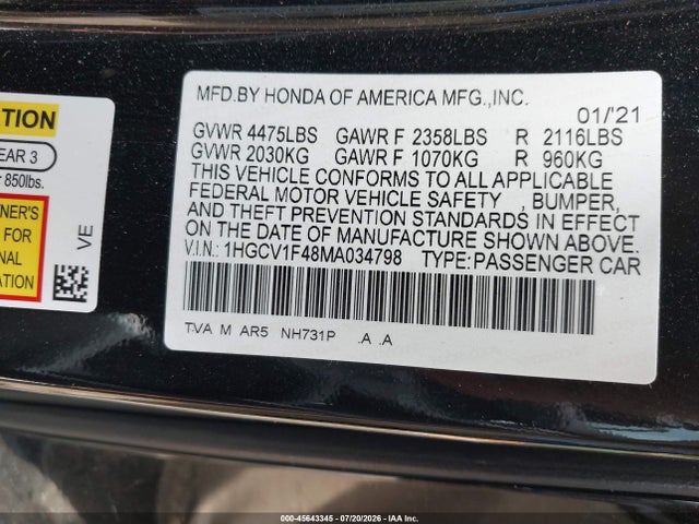 45643345 :رقم المزاد ، 1HGCV1F48MA034798 vin ، 2021 Honda Accord Sport Special Edition مزاد بيع
