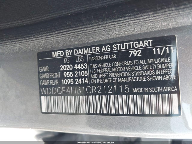 45643353 :رقم المزاد ، WDDGF4HB1CR212115 vin ، 2012 Mercedes-benz C 250 Sport مزاد بيع