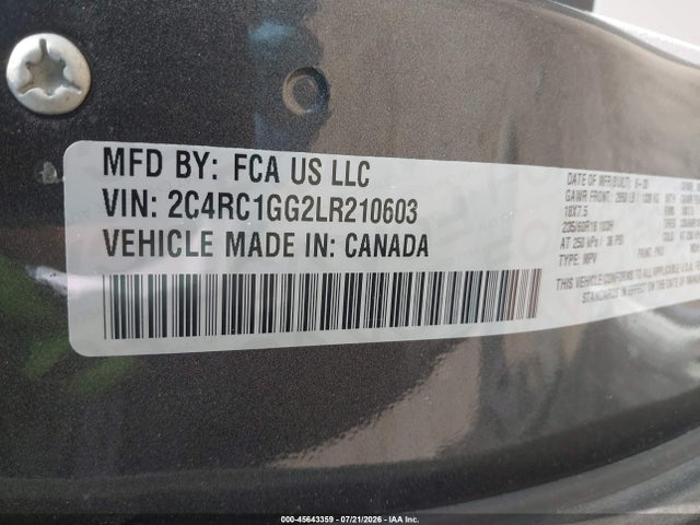 Aukcja sprzedaży 2020 Chrysler Pacifica Limited, vin: 2C4RC1GG2LR210603, numer aukcji: 45643359