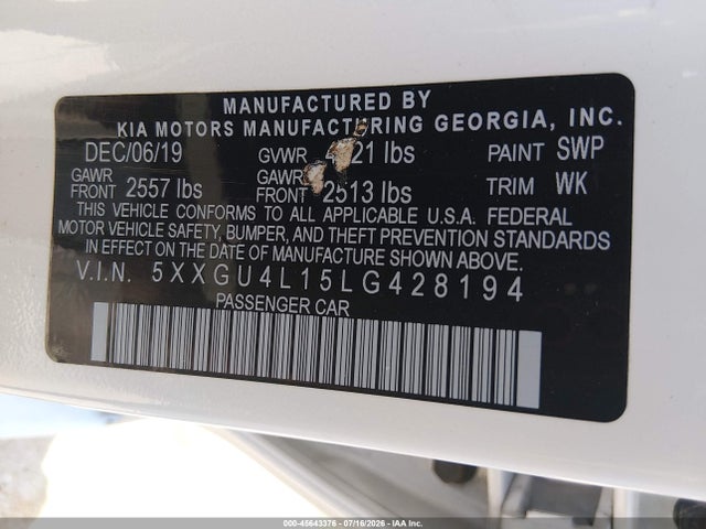 Продажа на аукционе авто 2020 Kia Optima Ex Premium, vin: 5XXGU4L15LG428194, номер лота: 45643376