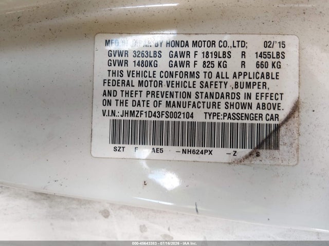 Honda CR-Z 2015 JHMZF1D43FS002104 Image 9