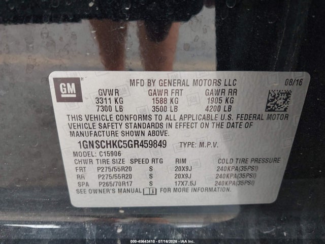 Aukcja sprzedaży 2016 Chevrolet Suburban Lt, vin: 1GNSCHKC5GR459849, numer aukcji: 45643410