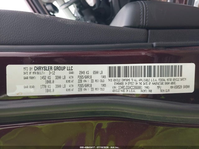 Продаж на аукціоні авто 2012 Dodge Durango Crew, vin: 1C4RDJDGXCC266881, номер лоту: 45643417