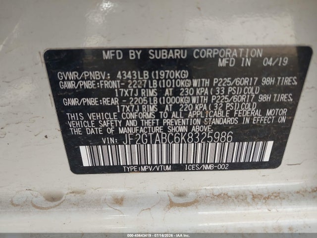 2019 Subaru Crosstrek 2.0i მანქანა იყიდება აუქციონზე, vin: JF2GTABC6K8325986, აუქციონის ნომერი: 45643419