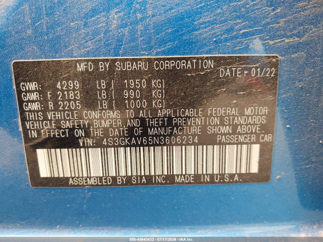 45643432 :رقم المزاد ، 4S3GKAV65N3606234 vin ، 2022 Subaru Impreza Premium مزاد بيع