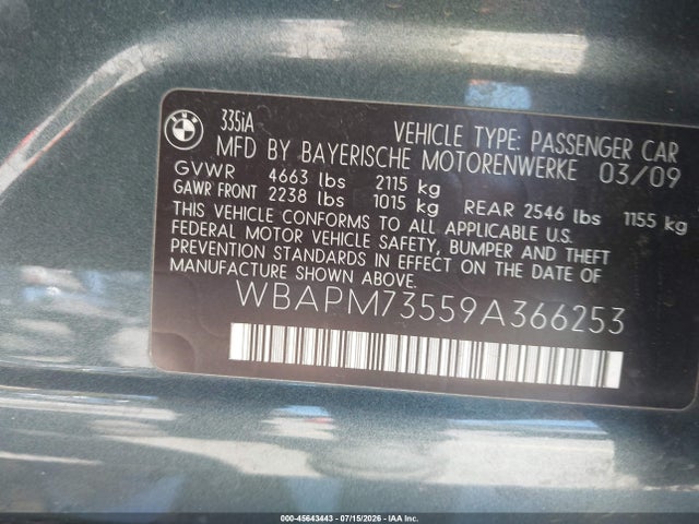 Aukcja sprzedaży 2009 Bmw 335i, vin: WBAPM73559A366253, numer aukcji: 45643443