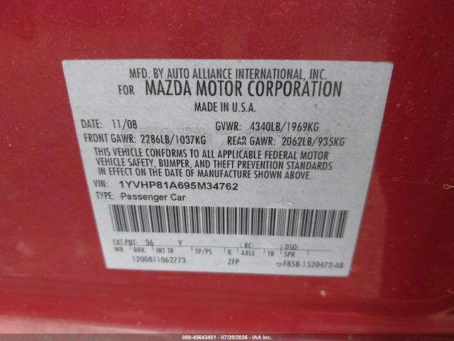 Продажа на аукционе авто 2009 Mazda Mazda6 I Sport, vin: 1YVHP81A695M34762, номер лота: 45643451
