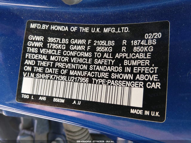 Продажа на аукционе авто 2020 Honda Civic Lx, vin: SHHFK7H36LU217956, номер лота: 45643454