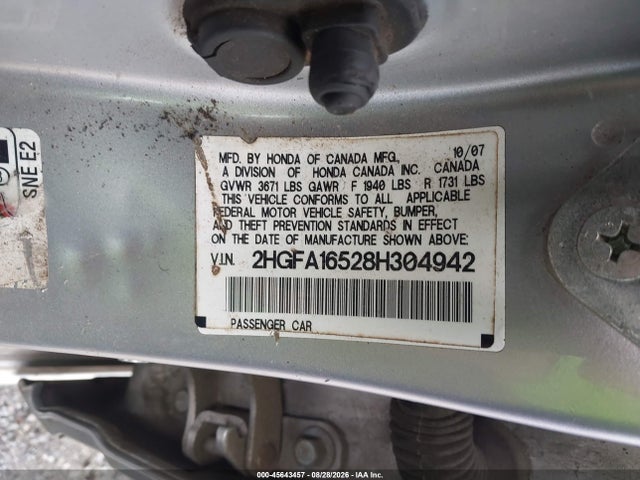 Продаж на аукціоні авто 2008 Honda Civic Lx, vin: 2HGFA16528H304942, номер лоту: 45643457