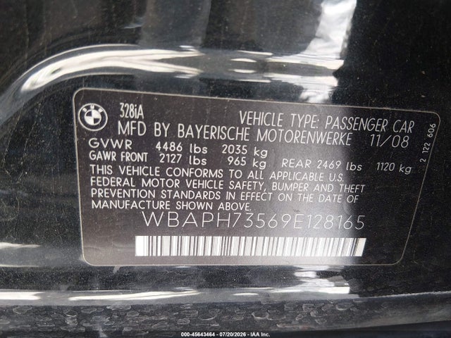45643464 :رقم المزاد ، WBAPH73569E128165 vin ، 2009 Bmw 328i مزاد بيع