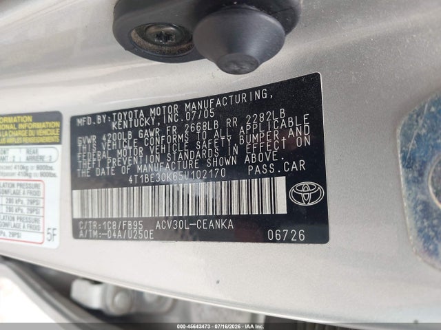2005 Toyota Camry Le მანქანა იყიდება აუქციონზე, vin: 4T1BE30K65U102170, აუქციონის ნომერი: 45643473
