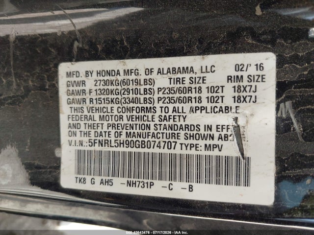 Aukcja sprzedaży 2016 Honda Odyssey Touring/touring Elite, vin: 5FNRL5H90GB074707, numer aukcji: 45643476