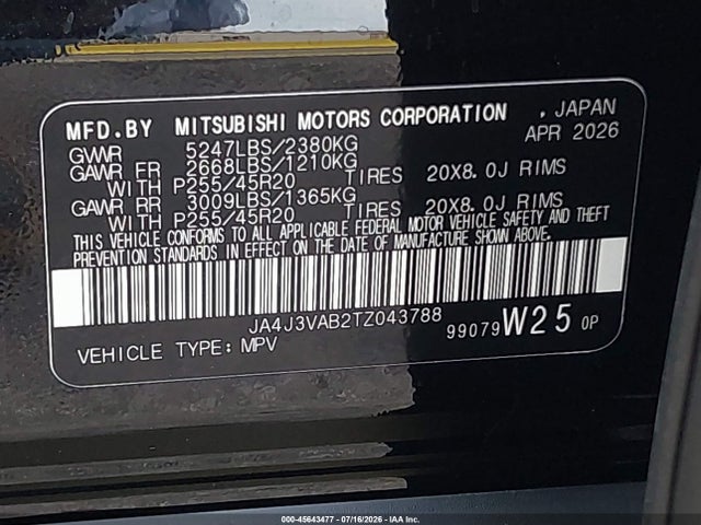 Aukcja sprzedaży 2026 Mitsubishi Outlander Le 2.5 2wd/se 2.5 2wd, vin: JA4J3VAB2TZ043788, numer aukcji: 45643477