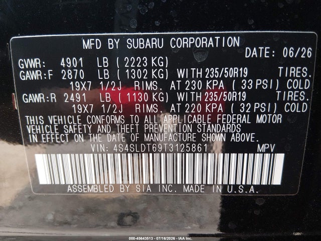 2026 Subaru Forester Touring მანქანა იყიდება აუქციონზე, vin: 4S4SLDT69T3125861, აუქციონის ნომერი: 45643513