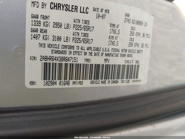 45643525 :رقم المزاد ، 2A8HR64X38R647151 vin ، 2008 Chrysler Town & Country Limited مزاد بيع