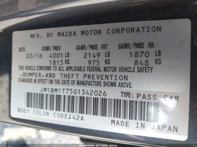 2016 Mazda Mazda3 მანქანა იყიდება აუქციონზე, vin: JM1BM1T75G1342026, აუქციონის ნომერი: 45643546