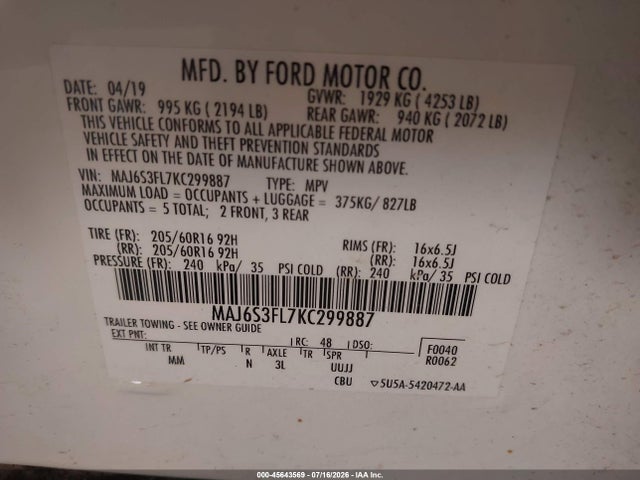 2019 Ford Ecosport S მანქანა იყიდება აუქციონზე, vin: MAJ6S3FL7KC299887, აუქციონის ნომერი: 45643569