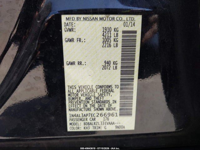 1N4AL3AP7EC266961 Nissan Altima 2.5/2.5 S/2.5 Sl/2.5 Sv