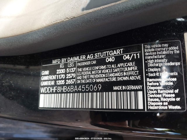 Aukcja sprzedaży 2011 Mercedes-benz E 350 4matic, vin: WDDHF8HB6BA455069, numer aukcji: 45643624