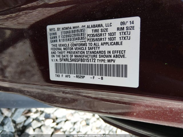 Aukcja sprzedaży 2015 Honda Odyssey Ex-l, vin: 5FNRL5H65FB015172, numer aukcji: 45643626