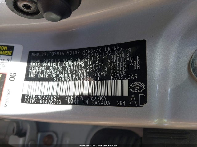 Aukcja sprzedaży 2018 Toyota Corolla Le, vin: 2T1BURHE0JC061616, numer aukcji: 45643628