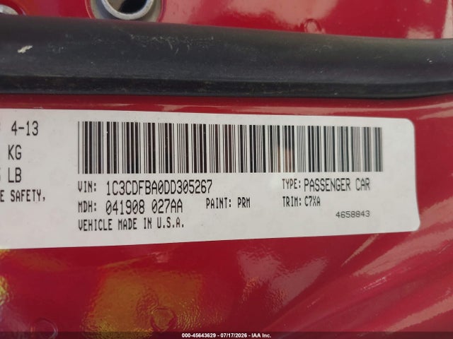 45643629 :رقم المزاد ، 1C3CDFBA0DD305267 vin ، 2013 Dodge Dart Sxt مزاد بيع
