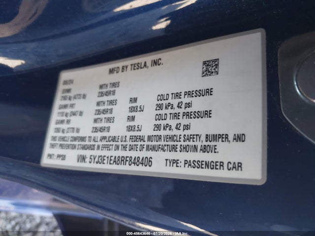 Продажа на аукционе авто 2024 Tesla Model 3, vin: 5YJ3E1EA8RF848406, номер лота: 45643646