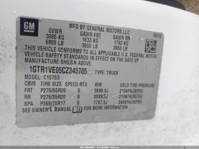 Aukcja sprzedaży 2012 Gmc Sierra 1500 Sle, vin: 1GTR1VE05CZ343705, numer aukcji: 45643647