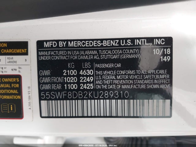 2019 Mercedes-benz C 300 მანქანა იყიდება აუქციონზე, vin: 55SWF8DB2KU289310, აუქციონის ნომერი: 45643650