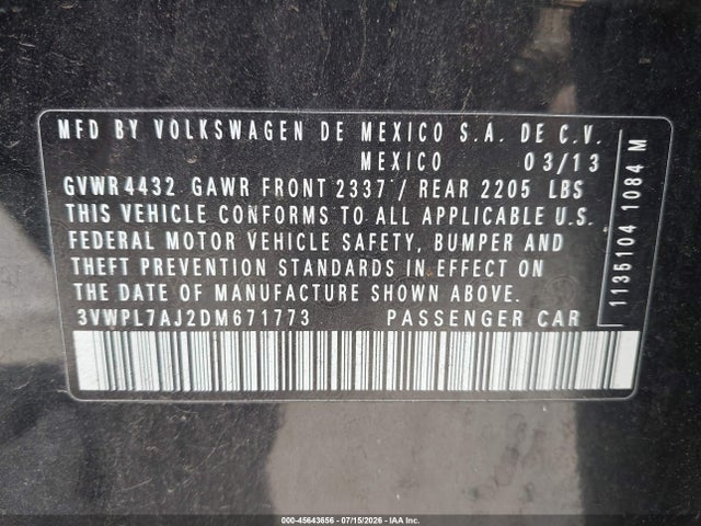 45643656 :رقم المزاد ، 3VWPL7AJ2DM671773 vin ، 2013 Volkswagen Jetta Sportwagen 2.0l Tdi مزاد بيع