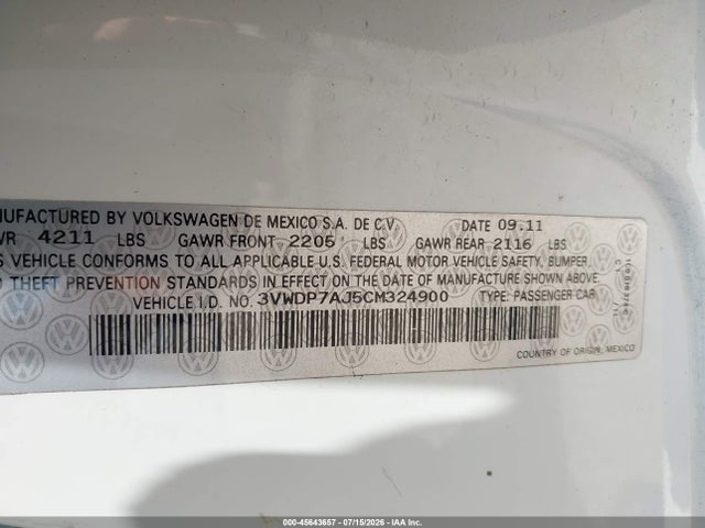 45643657 :رقم المزاد ، 3VWDP7AJ5CM324900 vin ، 2012 Volkswagen Jetta 2.5l Se مزاد بيع