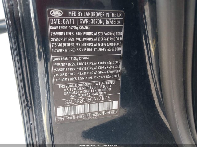 Auction sale of the 2012 Land Rover Range Rover Sport Hse, vin: SALSK2D48CA721816, lot number: 45643660