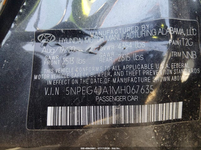2021 Hyundai Sonata Se მანქანა იყიდება აუქციონზე, vin: 5NPEG4JA1MH067635, აუქციონის ნომერი: 45643661