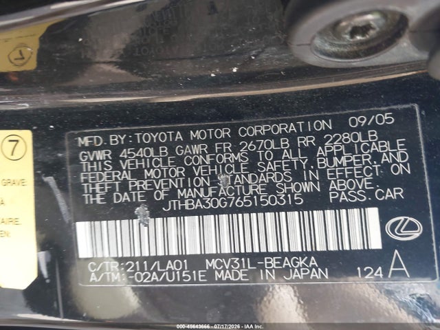 45643666 :رقم المزاد ، JTHBA30G765150315 vin ، 2006 Lexus Es 330 مزاد بيع