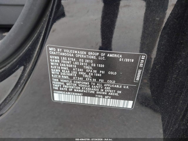 2019 Volkswagen Atlas 3.6l V6 Se მანქანა იყიდება აუქციონზე, vin: 1V2DR2CA6KC538967, აუქციონის ნომერი: 45643709